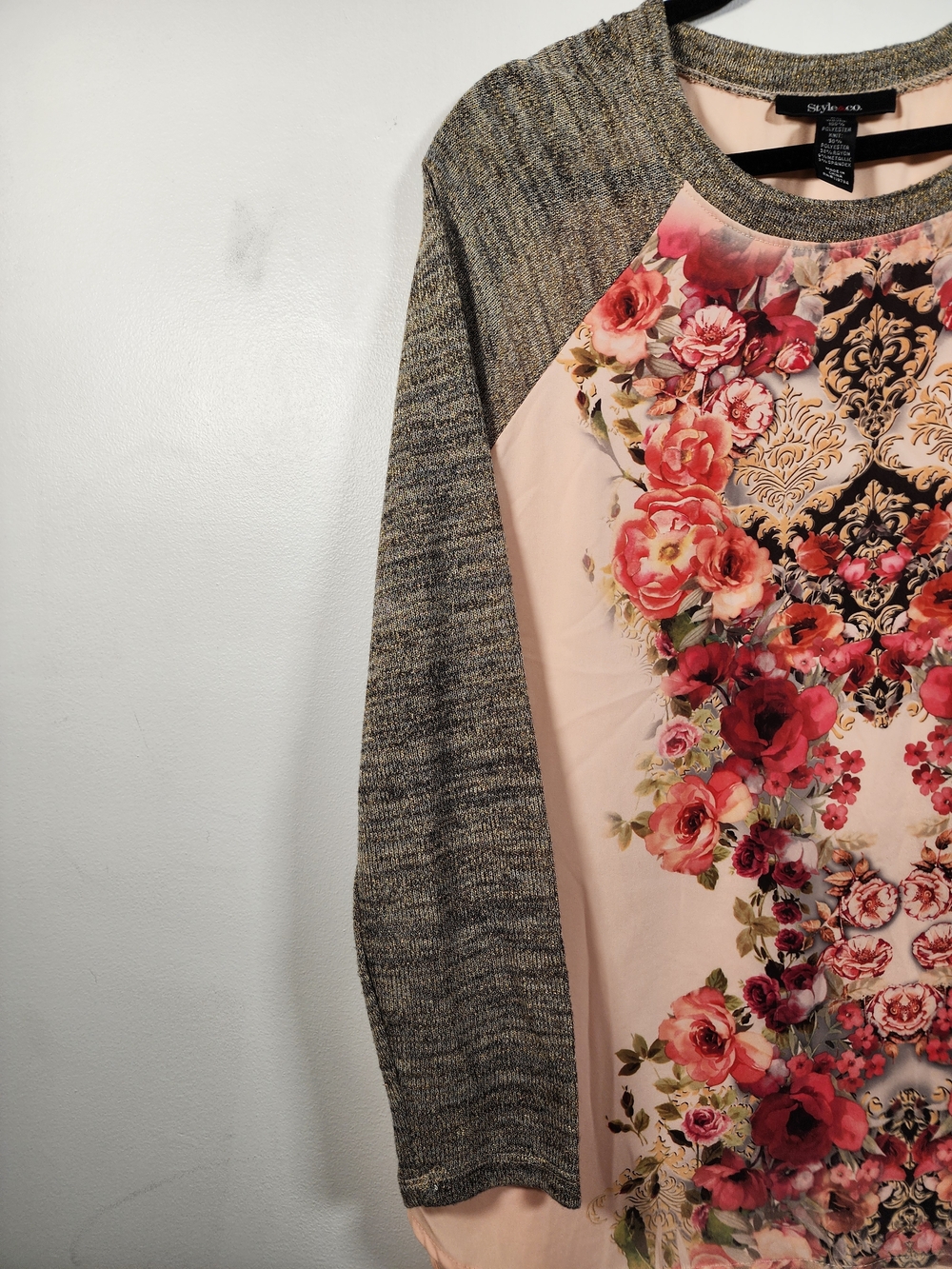 Floral Mixed Media Raglan Long Sleeve Top - Size XL - Picture 5 of 9